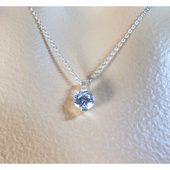 Round Cut 1Ct Diamonique Solitaire Sterling Silver Pendant Necklace VTG - Picture 1 of 7